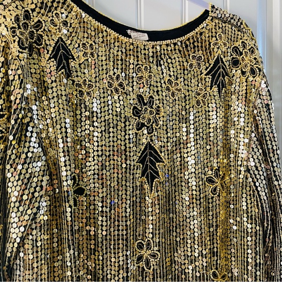 Gunit Vintage Gold Silver Sequin Beaded Embellished Flapper Shift Dress | Large - Picture 9 of 15